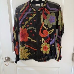 Chicos embroidered silk zip front top